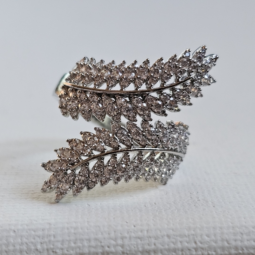 Leaf open adjustable cz silver cuff fashion ring